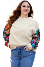 Load image into Gallery viewer, White Floral Patchwork Sleeve Textured Plus Size Pullover Top