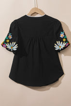 Load image into Gallery viewer, Mineral Red Floral Embroidered Puff Sleeve Split Neck Blouse