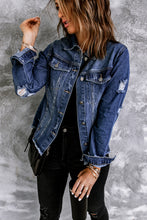 Load image into Gallery viewer, Blue Lapel Distressed Raw Hem Buttons Denim Jacket