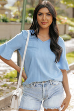 Load image into Gallery viewer, Beau Blue Ruffled Half Sleeve V Neck Textured Top