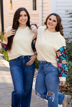 Load image into Gallery viewer, White Floral Patchwork Sleeve Textured Plus Size Pullover Top