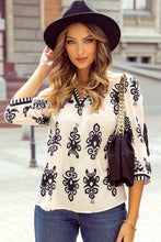 Load image into Gallery viewer, Beige Vintage Geometric Printed 3/4 Sleeve V Neck Blouse