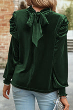 Load image into Gallery viewer, Tie Up Mock Neck Velvet Fabric Long Sleeve Blouse