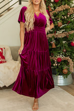 Load image into Gallery viewer, Prussian Blue Velvet Short Sleeve Shirred Waist Tiered Maxi Dress