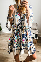Load image into Gallery viewer, White Printed Tribal Print Bracelet Sleeve Buttoned Mini Dress