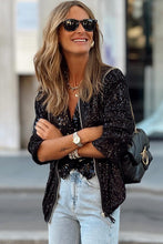 Load image into Gallery viewer, Black Sequin Zip up Round Neck Long Sleeve Jacket