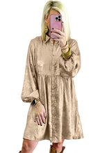 Load image into Gallery viewer, Apricot Metallic Sheen Puff Sleeve Button Up Mini Shirt Dress