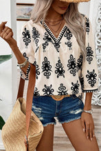 Load image into Gallery viewer, Beige Vintage Geometric Printed 3/4 Sleeve V Neck Blouse