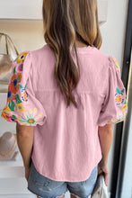 Load image into Gallery viewer, Mineral Red Floral Embroidered Puff Sleeve Split Neck Blouse