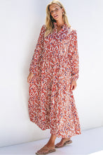 Load image into Gallery viewer, Orange Abstract Print V Neck Pleated High Waist Midi Dress