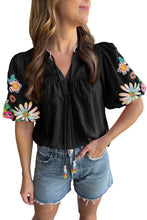 Load image into Gallery viewer, Mineral Red Floral Embroidered Puff Sleeve Split Neck Blouse