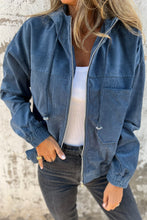 Load image into Gallery viewer, Real Teal Corduroy Drawstring Hooded Pocket Zip Up Jacket