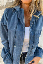 Load image into Gallery viewer, Real Teal Corduroy Drawstring Hooded Pocket Zip Up Jacket