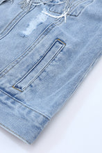 Load image into Gallery viewer, Sky Blue Sequin Embellished Fringe Distressed Denim Jacket