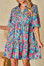 Load image into Gallery viewer, Green Leopard Print Bubble Sleeve Slit Neck Ruffled Dress