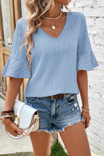 Load image into Gallery viewer, Beau Blue Ruffled Half Sleeve V Neck Textured Top