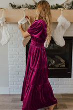 Load image into Gallery viewer, Prussian Blue Velvet Short Sleeve Shirred Waist Tiered Maxi Dress