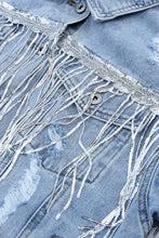 Load image into Gallery viewer, Sky Blue Sequin Embellished Fringe Distressed Denim Jacket
