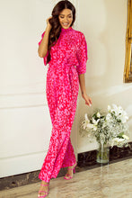 Load image into Gallery viewer, Rose Leopard Loose Sleeve Belted Wide Leg Jumpsuit