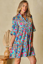Load image into Gallery viewer, Green Leopard Print Bubble Sleeve Slit Neck Ruffled Dress