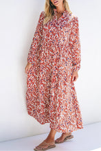 Load image into Gallery viewer, Orange Abstract Print V Neck Pleated High Waist Midi Dress