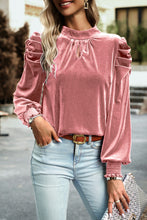 Load image into Gallery viewer, Tie Up Mock Neck Velvet Fabric Long Sleeve Blouse
