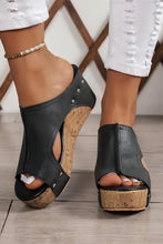 Load image into Gallery viewer, Black Hollow Out Studded PU Leather Wedge Slippers