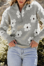 Load image into Gallery viewer, Khaki Floral Pattern Half Zip Drop Shoulder Sweater