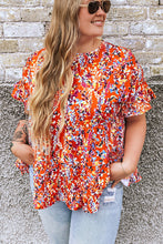 Load image into Gallery viewer, Orange Floral Printed Ruffle Sleeve Curvy Babydoll Blouse -PLUS