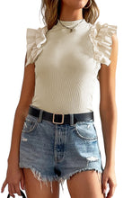 Load image into Gallery viewer, Beige Ruffle Flutter Sleeve High Neck Ribbed Blouse
