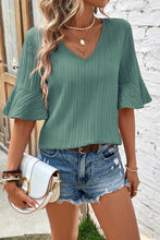 Load image into Gallery viewer, Beau Blue Ruffled Half Sleeve V Neck Textured Top