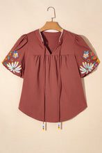 Load image into Gallery viewer, Mineral Red Floral Embroidered Puff Sleeve Split Neck Blouse