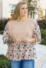 Load image into Gallery viewer, Beige Faux Two Piece Knit Patchwork Floral Print Plus Size Top