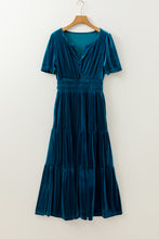Load image into Gallery viewer, Prussian Blue Velvet Short Sleeve Shirred Waist Tiered Maxi Dress