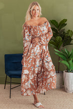 Load image into Gallery viewer, Brown Floral Print Shirred Square Neck High Waist Maxi Dress