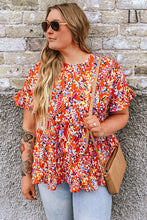 Load image into Gallery viewer, Orange Floral Printed Ruffle Sleeve Curvy Babydoll Blouse -PLUS