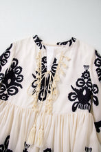 Load image into Gallery viewer, Beige Western Pattern Print Tasseled Notch V Neck Mini Dress