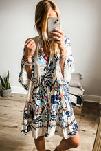 Load image into Gallery viewer, White Printed Tribal Print Bracelet Sleeve Buttoned Mini Dress