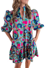 Load image into Gallery viewer, Green Leopard Print Bubble Sleeve Slit Neck Ruffled Dress