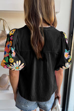 Load image into Gallery viewer, Mineral Red Floral Embroidered Puff Sleeve Split Neck Blouse