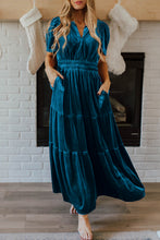 Load image into Gallery viewer, Prussian Blue Velvet Short Sleeve Shirred Waist Tiered Maxi Dress
