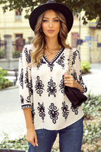 Load image into Gallery viewer, Beige Vintage Geometric Printed 3/4 Sleeve V Neck Blouse