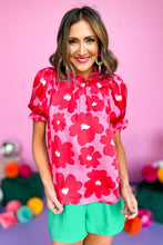 Load image into Gallery viewer, Rose Floral Puff Sleeve Frill Neckline Blouse