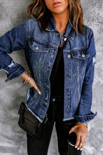 Load image into Gallery viewer, Blue Lapel Distressed Raw Hem Buttons Denim Jacket