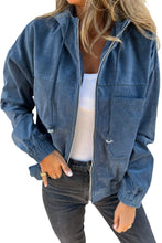 Load image into Gallery viewer, Real Teal Corduroy Drawstring Hooded Pocket Zip Up Jacket