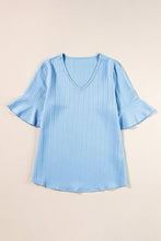 Load image into Gallery viewer, Beau Blue Ruffled Half Sleeve V Neck Textured Top