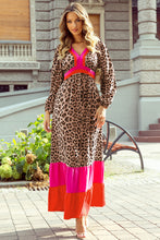Load image into Gallery viewer, Brown Leopard Color Block V Neck Loose Fit Maxi Dress