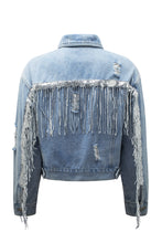 Load image into Gallery viewer, Sky Blue Sequin Embellished Fringe Distressed Denim Jacket