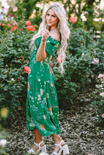 Load image into Gallery viewer, Green Floral Print Bubble Sleeve Smocked Tiered Midi Dress