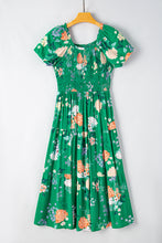 Load image into Gallery viewer, Green Floral Print Bubble Sleeve Smocked Tiered Midi Dress